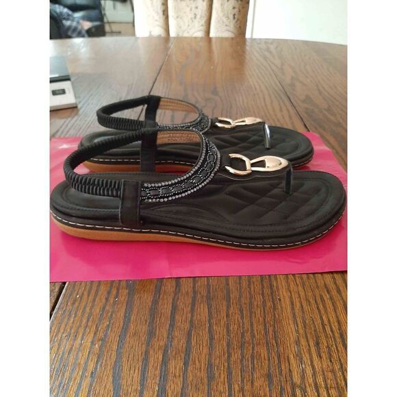 Size 8 Shibever Black Gold Silver Sandals Thong Shoes - Picture 4 of 6